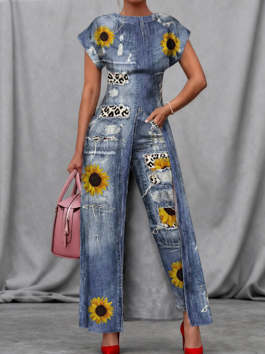 Retro Style Art Print Vintage Long Split Shirts Dress Skinny Pants Two-Piece Set
